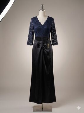 Elegant Navy Lace Top & Black Satin Skirt Evening Dress